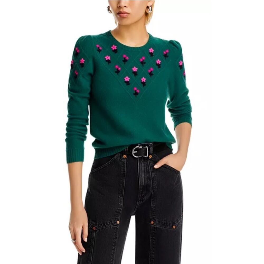 Aqua Cashmere 100% Green Sweater Pink Embroidered Flower Design Women's Size XS